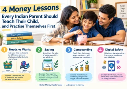 Four money lessons Indian parents should teach their child and practise themselves: needs vs wants, saving, compounding and digital safety, with examples.