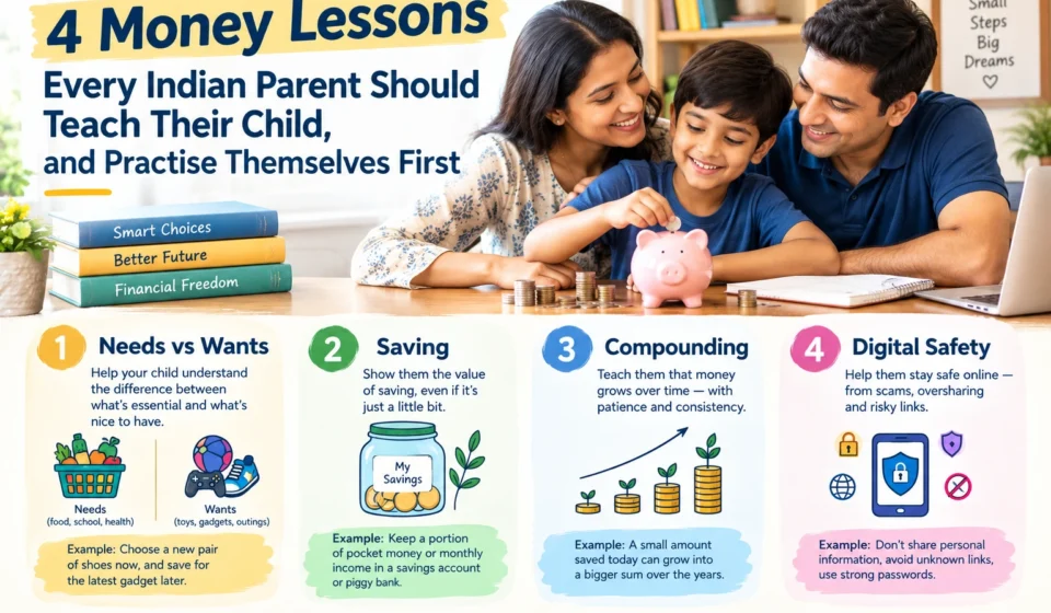 Four money lessons Indian parents should teach their child and practise themselves: needs vs wants, saving, compounding and digital safety, with examples.